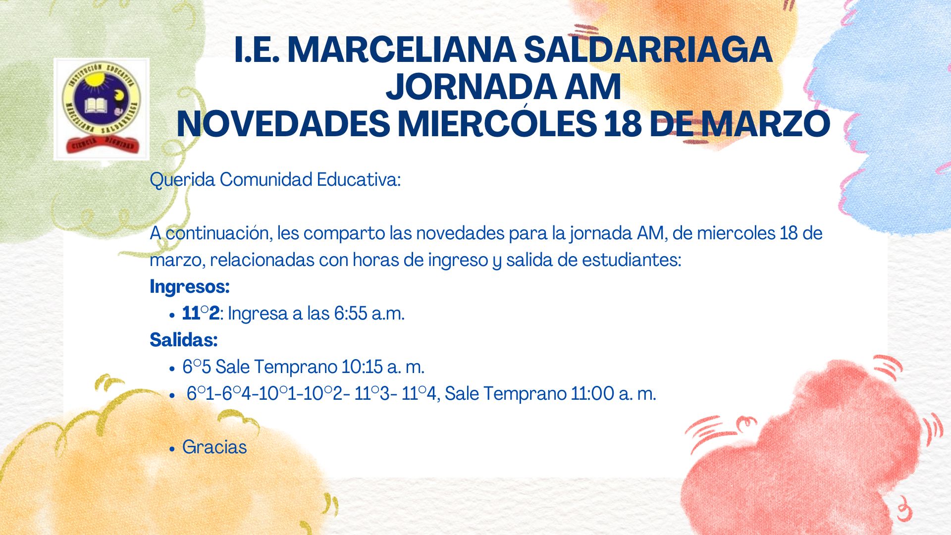 Novedades jornada am, miercoles 18 de marzo